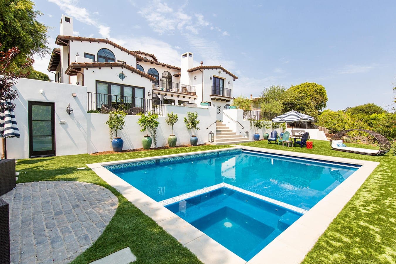 A C&C Partners custom home with a pool and garden